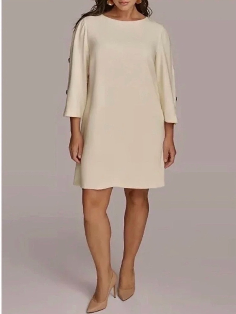 Donna Karan Light Cream Shift Dress with Button-Trim Sleeves